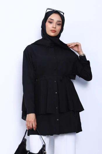 Siyah Yan Bağlamalı Poplin Tunik