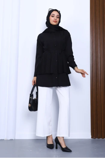 Siyah Yan Bağlamalı Poplin Tunik