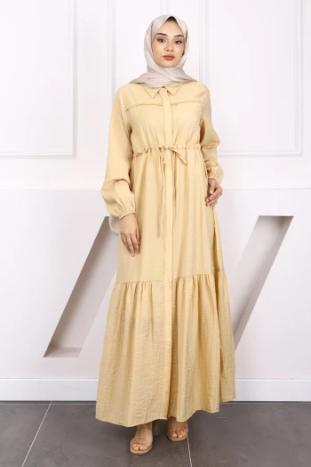 Vizon Bel Bağlamalı Dantelli Elbise