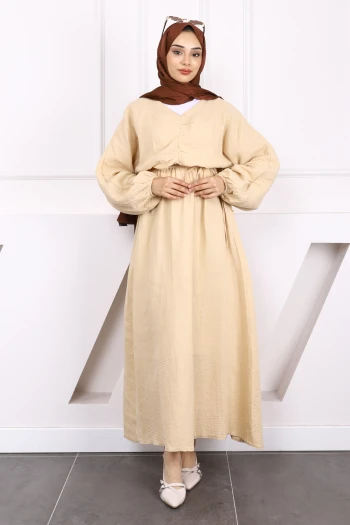 Vizon Önü Büzgülü Müslin Elbise