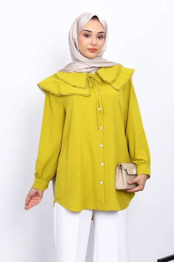 Yağ Yeşili Bebe Yaka Dantelli Tunik