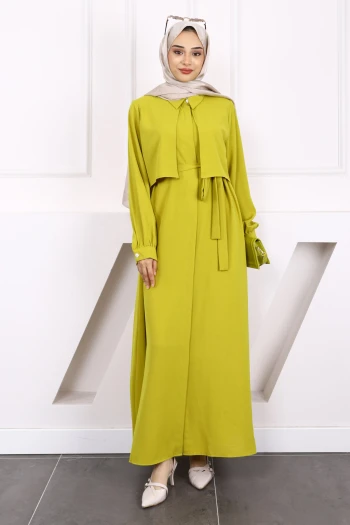 Yağ Yeşili Cepli Bel Kuşaklı Elbise