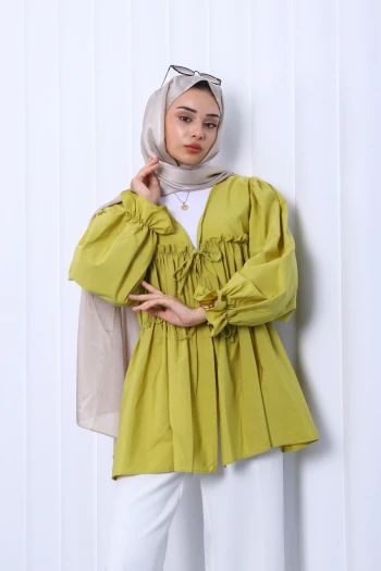 Yağ Yeşili Ön Bağlamalı Fırfırlı Kimono