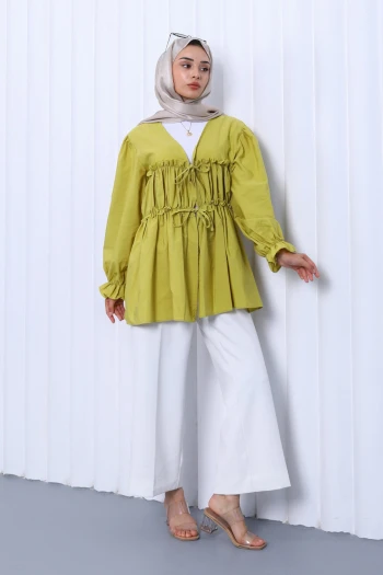 Yağ Yeşili Ön Bağlamalı Fırfırlı Kimono