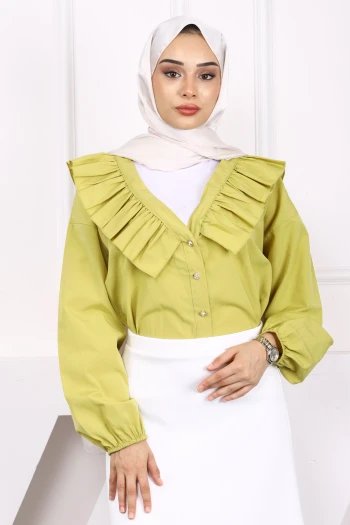 Yağ Yeşili Yaka Fırfırlı Düğmeli Gömlek