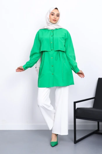 Yeşil Ön Detaylı Poplin Tunik