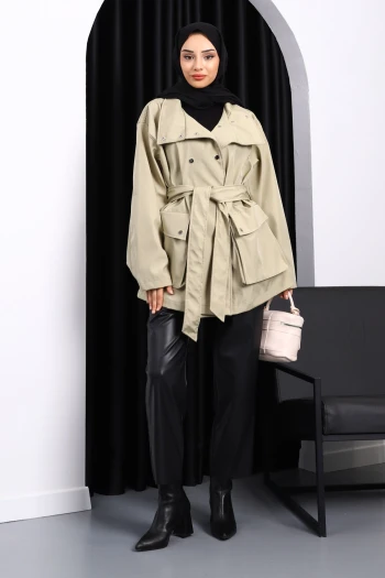 Açık Haki Oversize Cepli Bondit Ceket