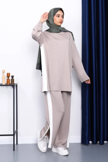 Açık Vizon Renk Bloklu Modal Tunik Pantolonlu Takım