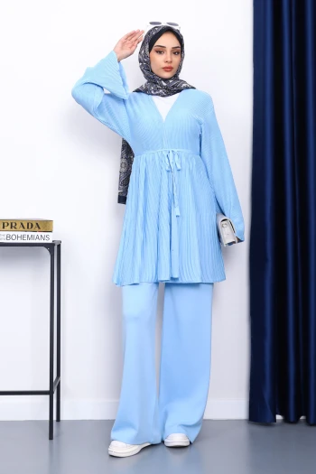 Bebe Mavi Bel Kuşaklı Hırka Pantolonlu Takım