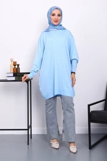 Bebe Mavi Bisiklet Yaka Taş İşlemeli Tunik