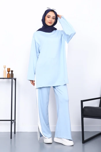 Bebe Mavi Renk Bloklu Modal Tunik Pantolonlu Takım
