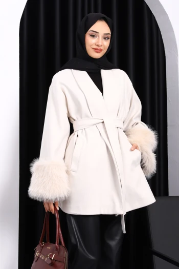 Bej Bel Kuşaklı Çift Cepli Kaşe Kaban