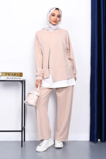 Bej Fermuar Detaylı Modal Tunik Pantolonlu Takım