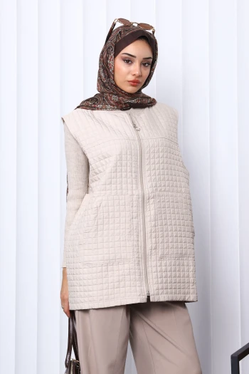 Bej Kapitone Astarlı Yelek