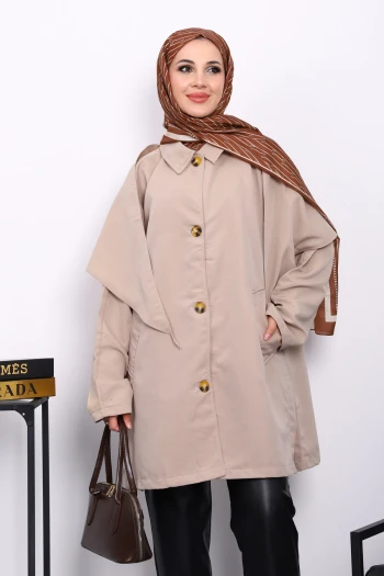 Bej Pelerin Detaylı  Düğmeli Trençkot