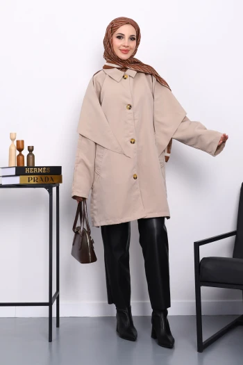 Bej Pelerin Detaylı  Düğmeli Trençkot