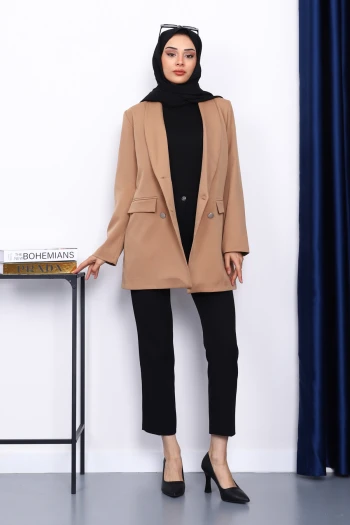 Bisküvi Düğmeli Kruvaze Yaka Krep Ceket