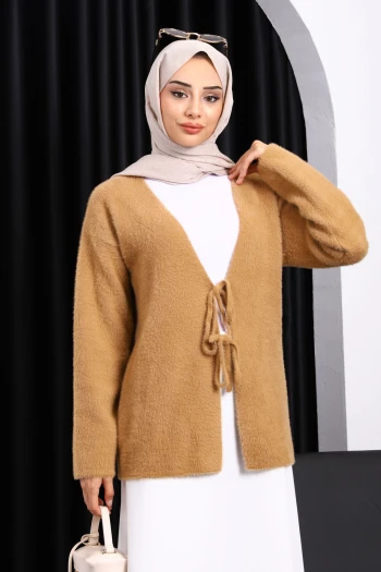 Bisküvi Ön Bağlama Detaylı Angora Yumoş Hırka