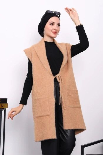 Bisküvi Ön Bağlamalı Cepli Angora Yumoş Yelek