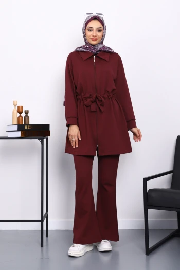 Bordo Bel Bağlamalı Modal Tunik Pantolonlu Takım