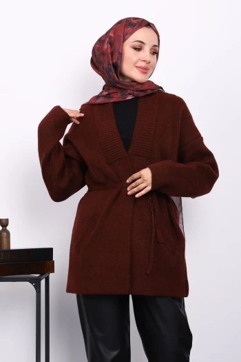 Bordo Bel Kuşaklı Cepli Triko Hırka