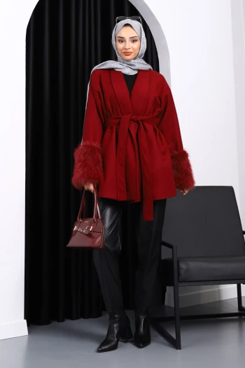 Bordo Bel Kuşaklı Çift Cepli Kaşe Kaban