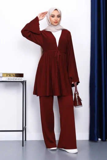 Bordo Bel Kuşaklı Hırka Pantolonlu Takım