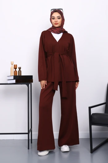 Bordo Bel Kuşaklı Pantolonlu Takım