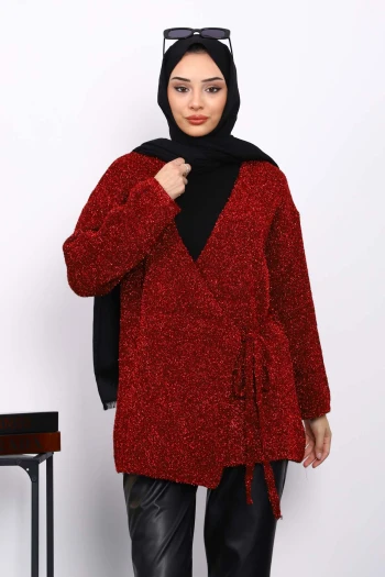 Bordo Bel Kuşaklı Simli Hırka