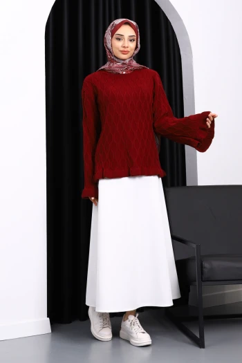 Bordo Bel Ve Kol Ucu Fırfırlı Triko Kazak