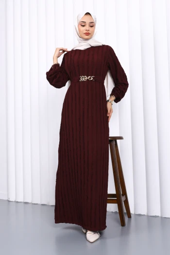 Bordo Beli Kemerli Fırfır Detaylı Gofre Elbise