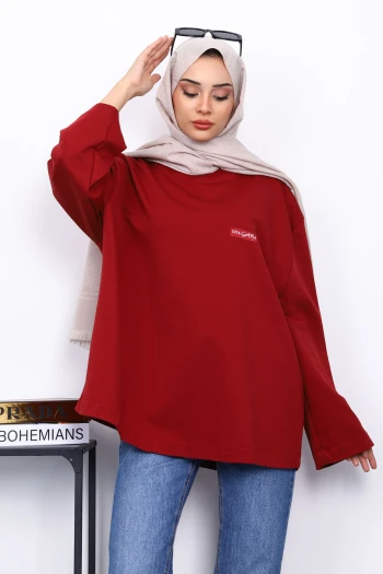 Bordo Bisiklet Yaka İki İplik Oversize Sweatshirt