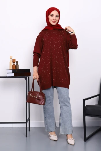 Bordo Bisiklet Yaka Taş İşlemeli Tunik