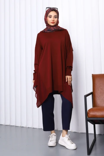 Bordo Bisiklet Yaka Tül Detaylı Tunik