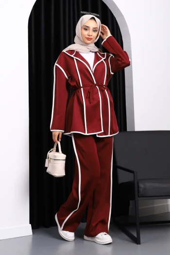 Bordo Biyeli Modal Ceket Pantolonlu Takım