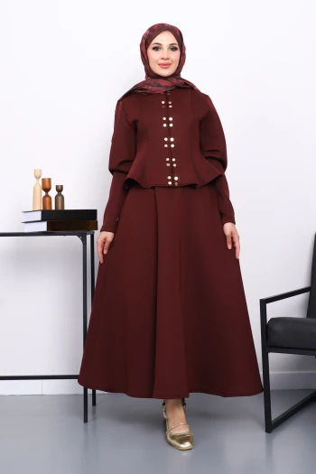 Bordo Crop Ceket Etekli Scuba Takım