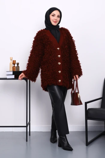 Bordo Düğmeli Angora Hırka