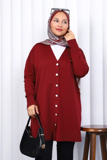 Bordo Düğmeli Soğuk İplik Triko Hırka
