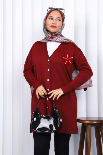 Bordo Düğmeli Soğuk İplik Triko Hırka