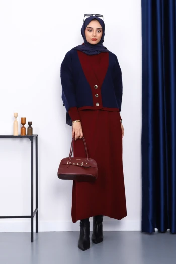 Bordo Düğmeli Triko Elbiseli Takım