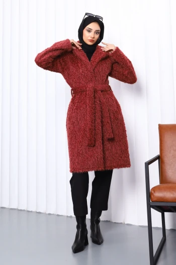 Bordo Düğmeli Uzun Cepli Kürk Kaban