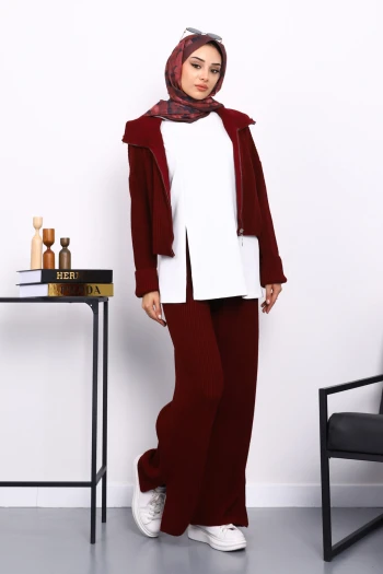 Bordo Fermuarlı Üçlü Triko Takım