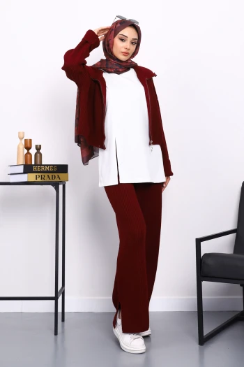 Bordo Fermuarlı Üçlü Triko Takım