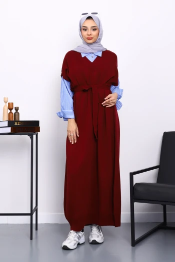 Bordo Gömlek Garnili Kuşaklı Triko Elbise