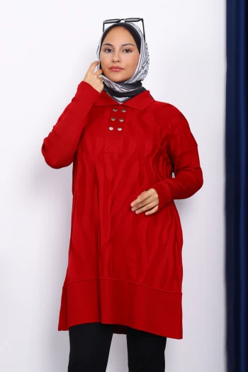Bordo Gömlek Yaka Soğık İplik Triko Tunik