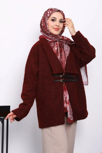 Bordo Kemer Detaylı Süet Kaban