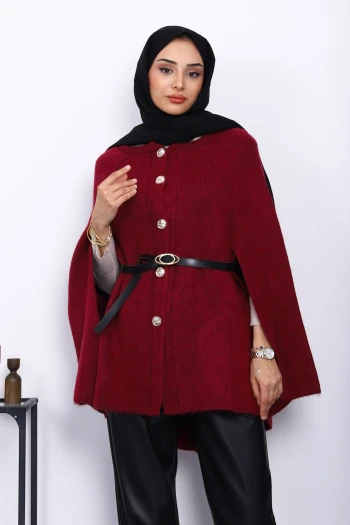 Bordo Kemerli Şordonlu Triko Panço