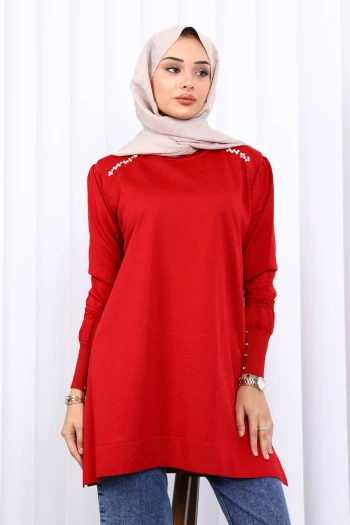 Bordo Omuz Taşlı Soguk İplik Triko Tunik