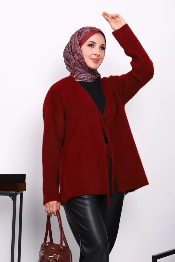 Bordo Ön Bağlamalı Angora Yumoş Hırka