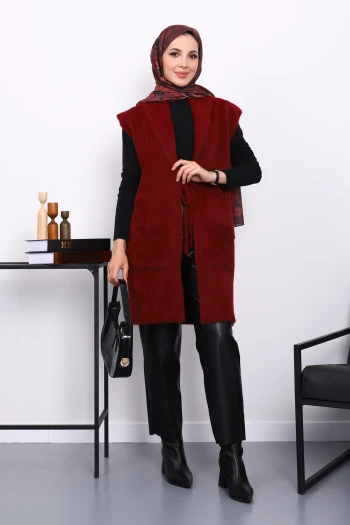Bordo Ön Bağlamalı Cepli Angora Yumoş Yelek